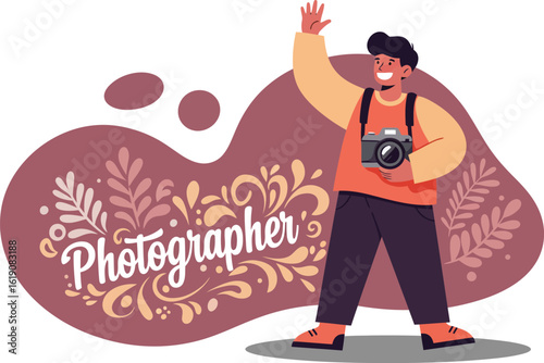 Photographer character with camera waving hand standing in creative floral background vector illustration 