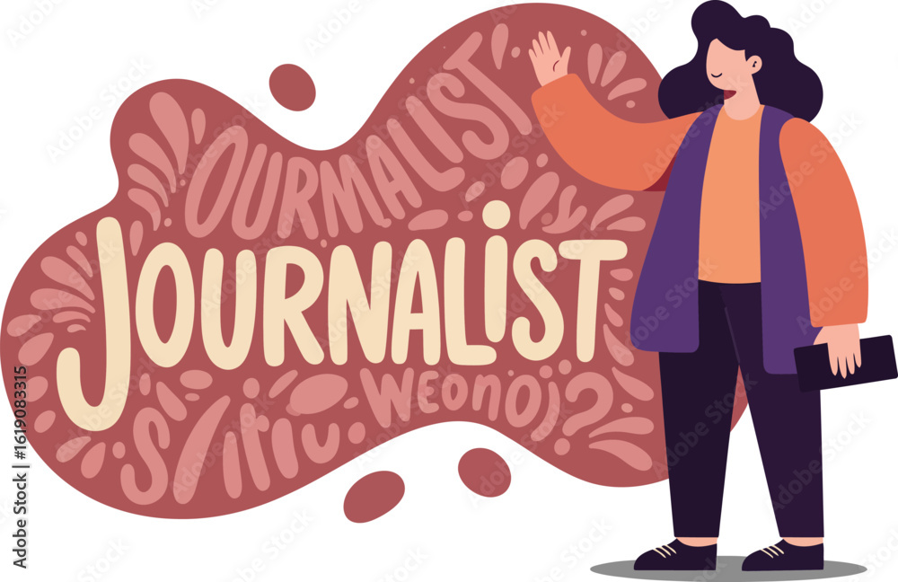 Obraz premium Female journalist holding notebook with typography background vector illustration design