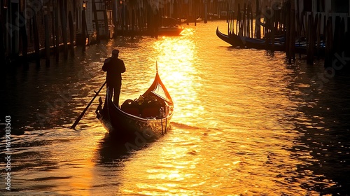 Gondolier Paddling Gondola at Sunset in Venice