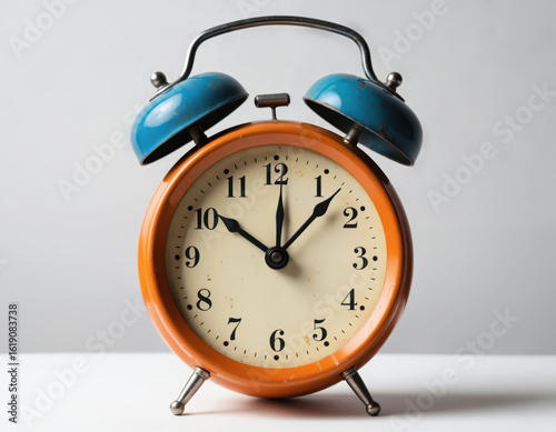 Retro orange alarm clock with twin bells, showing time 10 10. Classic analog timepiece with vibrant color. Minimalist design on clean white background. Perfect for wake up, morning routines, time