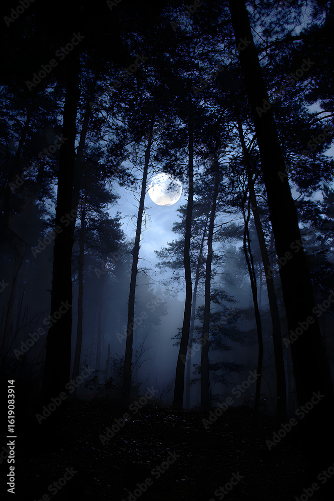 Fototapeta premium dark night forest agaist full moon