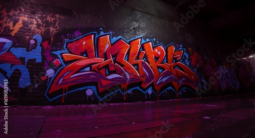 Vibrant Graffiti Art on a Brick Wall in a Dark Urban Setting