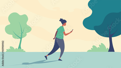 Calm Environment The person strolls through a tranquil park looking at their phone. The shadow however is energetically twirling and kicking up imaginary dust as if theyre caught