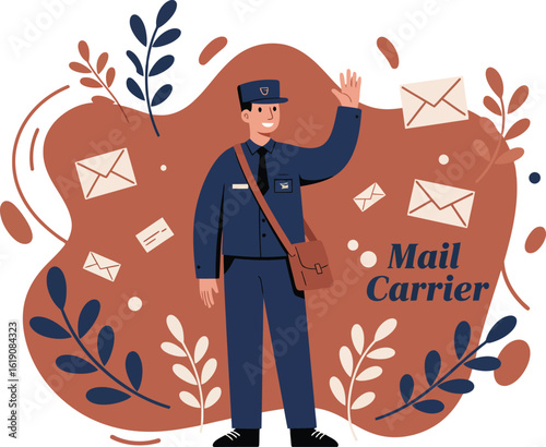 Mail carrier delivering letters and envelopes in postal uniform with mailbag vector illustration 