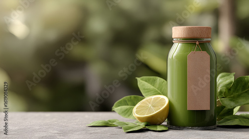 Green smoothie in bottle with lemon and leaves against green background, health and wellness beverage