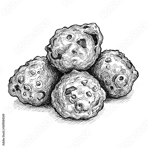 Conch Fritters Stacked Sketch. Monochrome vector line art, Caribbean street food concept. For seafood restaurants, travel guides, culinary blogs