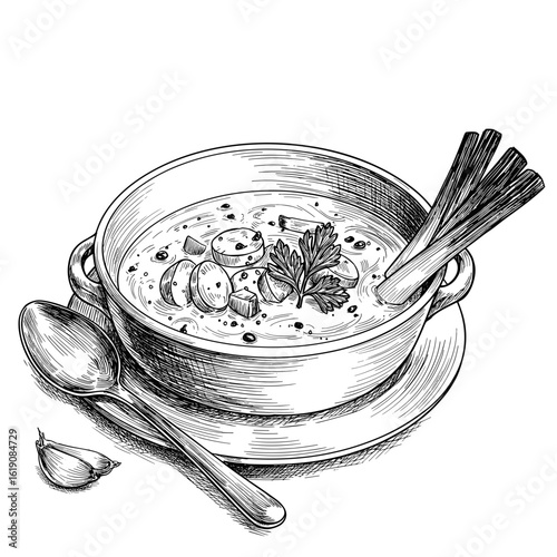 Potato Leek Soup Sketch. Bowl with spoon and onions, monochrome vector line art, healthy comfort food concept. For recipe illustrations, food blogs, restaurant menus