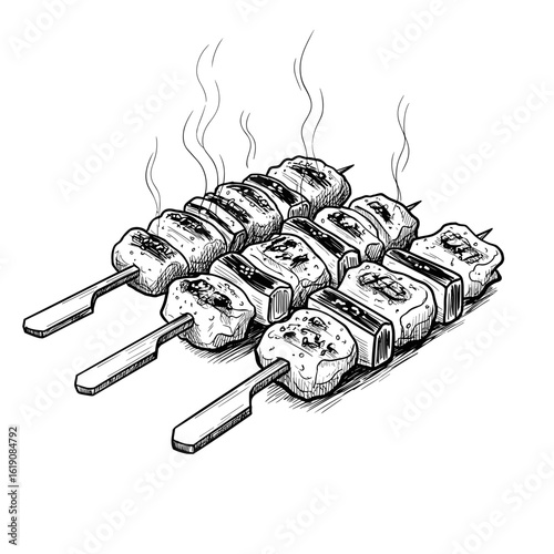 Grilled Yakitori Skewers Sketch. Smoke rising, monochrome vector line art, Japanese street food concept. For food blogs, restaurant menus, culinary guides