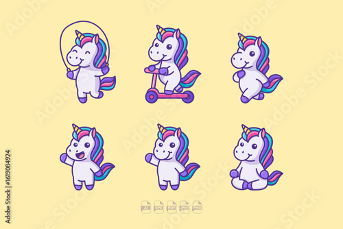 Cute kawaii Unicorn Sticker Set with Playful and Adorable Poses