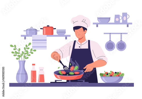 Flat illustration of a chef in uniform, apron, and hat cooking vegetables in a pan in a cozy kitchen with plants and kitchenware