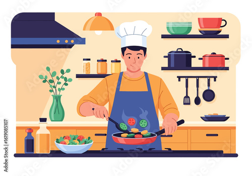 Flat illustration of a chef in uniform, apron, and hat cooking vegetables in a pan in a cozy kitchen with plants and kitchenware