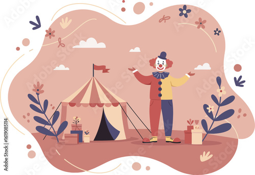 Circus clown welcoming guests near striped tent with muted pink and brown colors vector illustration 