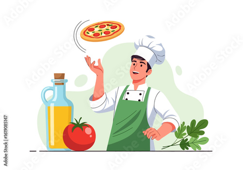 Flat illustration of a cheerful chef in a white uniform and hat tossing a pizza near a fiery brick oven, with tomato, herbs, and ingredient jars on a counter