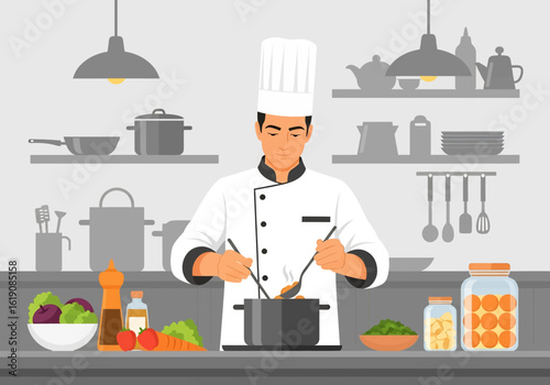Flat illustration of a focused chef in a white uniform and tall hat stirring ingredients in a pot in a well-equipped kitchen with shelves, utensils, and fresh produce