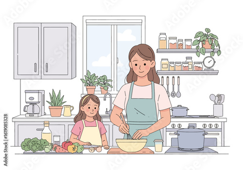 Flat illustration of mother and daughter cooking together in a cozy kitchen, mixing salad and preparing vegetables, showcasing family time and home cooking