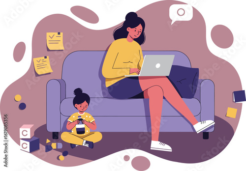 Woman working on laptop with child playing on floor in cozy modern living room vector illustration 