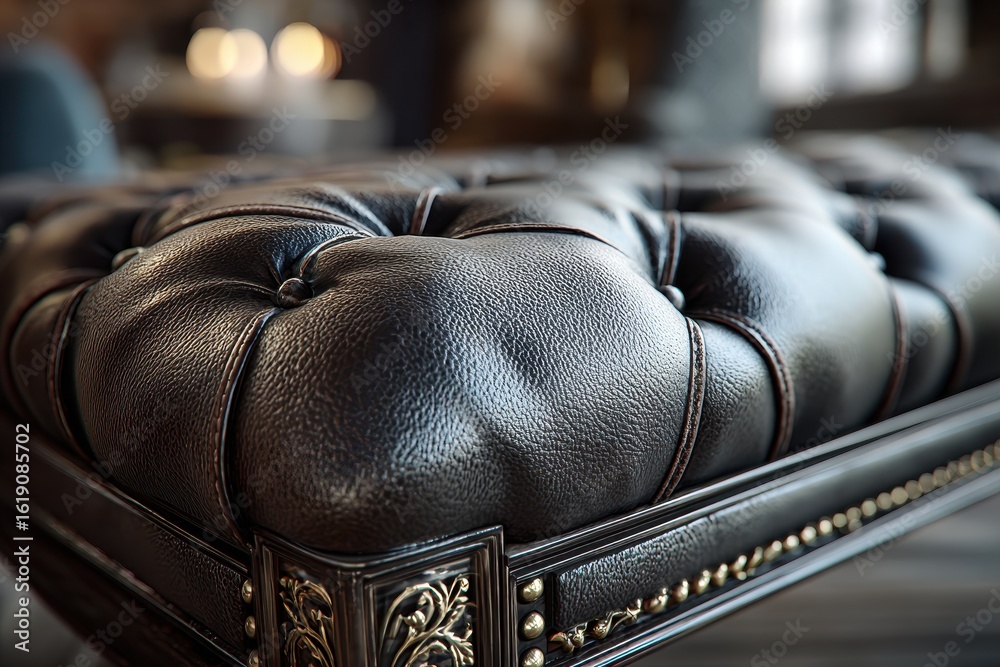 Luxurious black leather ottoman with pillows in a dimly lit, elegant living room setting Luxurious black leather ottoman with pillows in a dimly lit, elegant living room setting