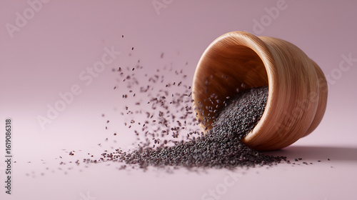 Wooden bowl spilling black seeds on pastel surface, showcasing natural textures and minimalistic still life.