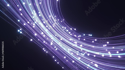 Flowing Luminescence: Abstract lines of radiant purple light, each imbued with sparkling particles, curve and converge, creating a dynamic display of modern technology.