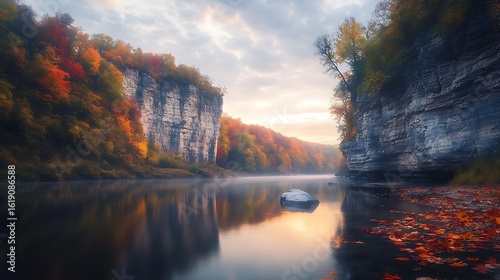 Autumn River Scene Between Colorful Cliffs