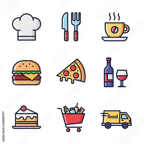 Colorful food and drink icons: chef's hat, cutlery, coffee, burger, pizza, wine, cake, shopping cart, food delivery truck.