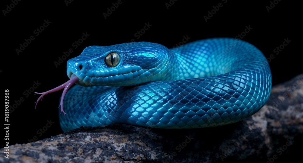 Fototapeta premium Vibrant Blue Viper on Branch Tongue Flicking Dark Background