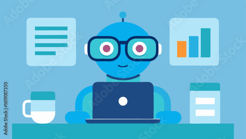 AI Analysis A friendly robot with glasses sitting in front of a computer analyzing patient health records depicting graphs and statistics emerging from the screen.