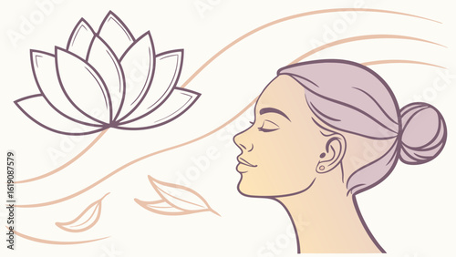 Calm Woman Meditating with Lotus Flower in Soft Pastel Colors, Lifestyle Illustration, Tranquil Environment