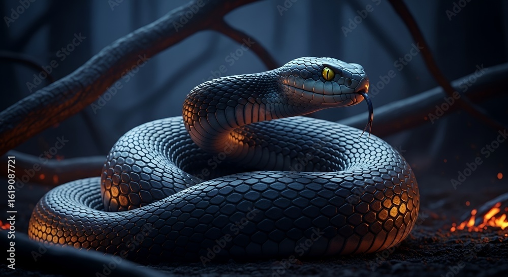 Fototapeta premium Venomous Snake in Dark Forest Firelight