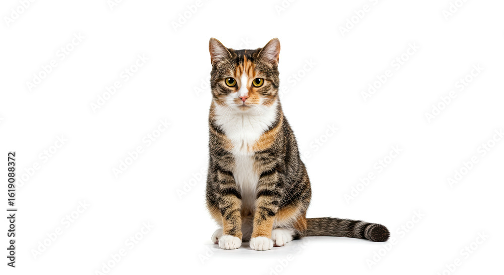 Obraz premium Beautiful Calico Cat Sitting Upright on White Background.