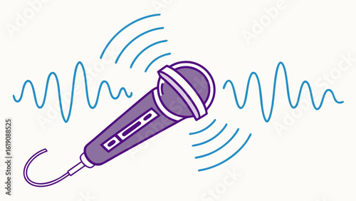 Live Music Performance, Microphone, Concert Hall, Digital Illustration, Energetic Atmosphere, Close-Up View, Sound Waves Concept