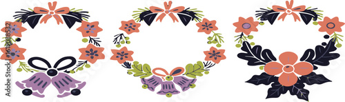 Three decorative floral wreaths with bows and bells in coral purple and green on white background
