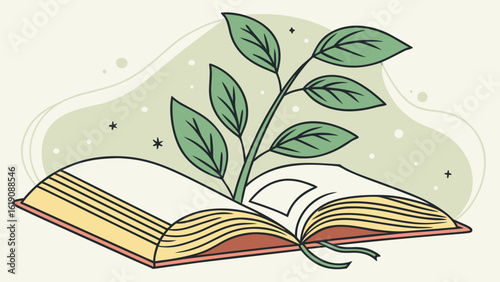 An Open Book with a Sprouting Plant, Illustrated in a Serene Environment