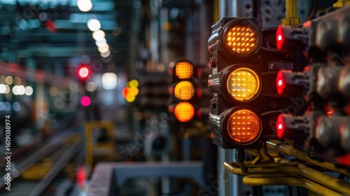 Industrial traffic signals illuminated amber lights in manufacturing environment
