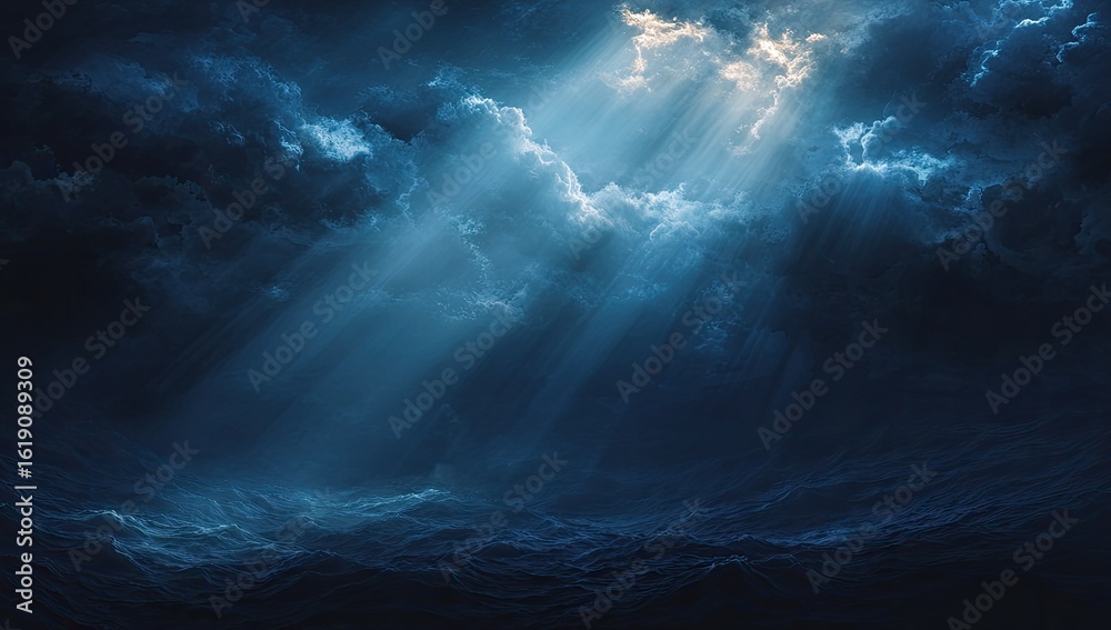 Fototapeta premium Dramatic sky with rays of light piercing dark clouds over stormy sea