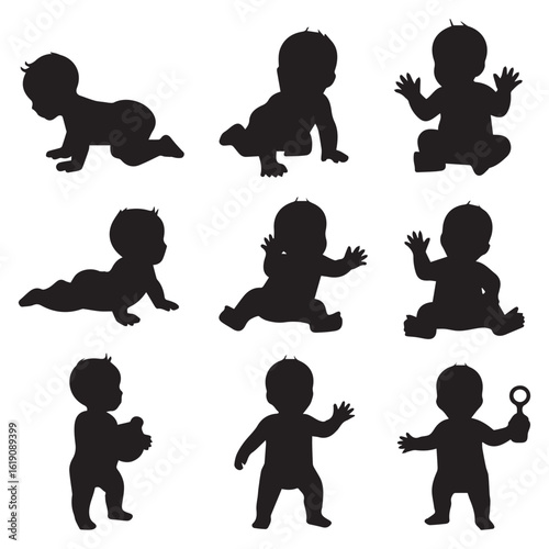 A charming collection of baby silhouettes depicting various stages of early development, from crawling to standing, ideal for illustrating themes of childhood, family, and the joys of parenthood