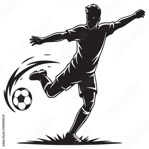 Dynamic soccer player silhouette kicking the ball isolated on white background, capturing the energy and excitement of the sport, perfect for illustrating athletic competition and teamwork