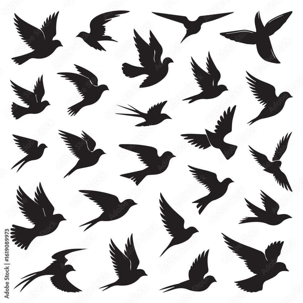 Fototapeta premium A mesmerizing collection of bird silhouettes in various stages of flight, showcasing their graceful wings and the essence of freedom, isolated on white background