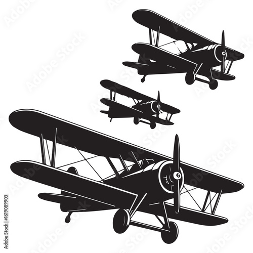 Three vintage biplane airplanes isolated on white background, representing retro aviation, travel, and transportation in a classic and historical style