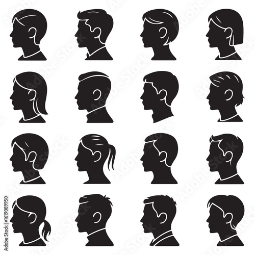 Silhouette profiles of diverse individuals isolated on white background, showcasing a range of human faces each profile is depicted with unique features, symbolizing individuality and diversity