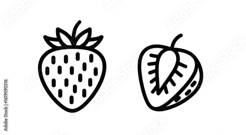 Strawberry fruit whole and half section outline illustration for nutritional diagrams