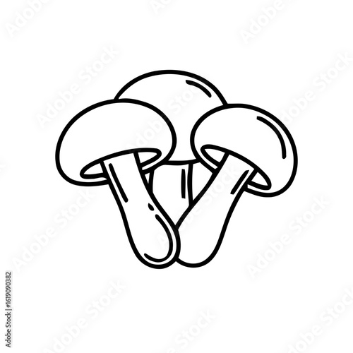 Three mushrooms with caps and stems in a black and white outline
