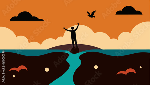 A figure is depicted at the edge of quicksand vigorously pulling their body upwards while standing on solid ground. The quicksand is represented as dark swirling shapes below