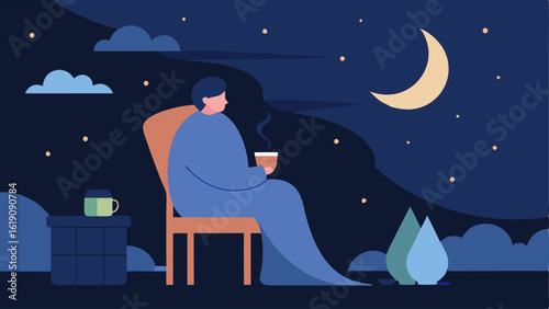 Cozy Evening Relaxation A cozy scene featuring a person with a blanket over their knees seated on a classic wooden chair on a rooftop. The evening sky is filled with stars and a