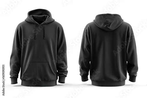 Front and back view of a dark gray hoodie