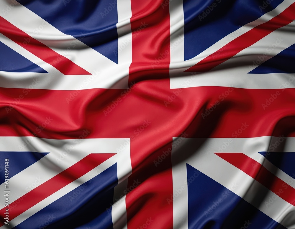 Fototapeta premium Realistic close-up of United Kingdom flag waving. Highly detailed fabric texture in blue, white, red shows national symbol of Great Britain fluttering in wind. Perfect for patriotic themes country