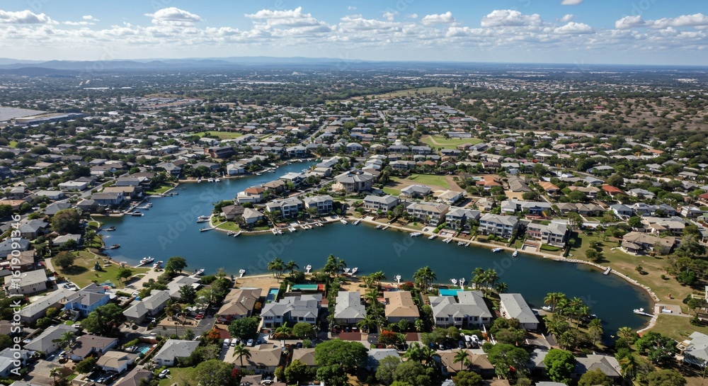 Fototapeta premium an aerial view of a lake surrounded by houses
