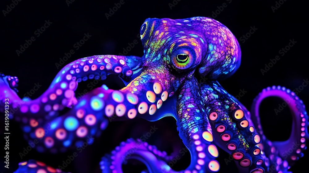 Fototapeta premium Vibrant Neon Octopus Undersea Glow In Dark