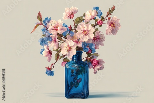 Glass bottle with floral pattern resting on a light blue surface with a cork and string