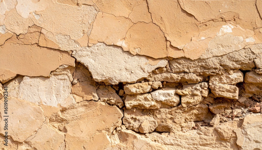 Fototapeta premium Fragmented Adobe Wall Exhibiting Brick Detail and Weathered Texture in Warm Beige Tones